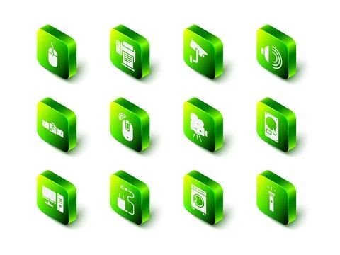 Set Printer, Security camera, Speaker volume, Hard disk drive HDD, Flashlight Illustrazione stock