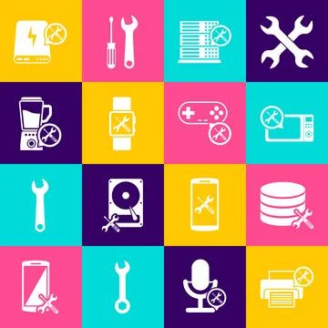 Set Printer service, Database server, Microwave oven, Smartwatch, Blender, Power Stock Illustration