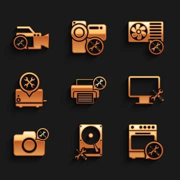 Set Printer service, Hard disk drive, Oven, Computer monitor, Photo camera Stockillustratie