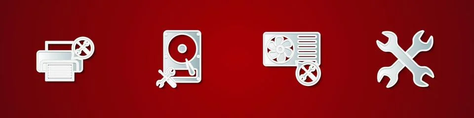 Set Printer service, Hard disk drive, Air conditioner and Crossed wrenchs icon Stock Illustration