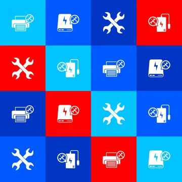 Set Printer service, Power bank, Crossed wrenchs and icon. Vector Stock Illustration