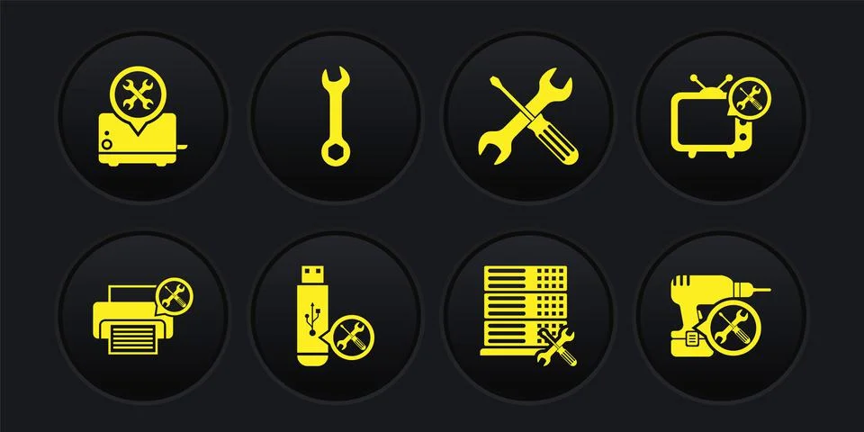 Set Printer service, Tv, USB flash drive, Database server, Crossed screwdriver Stock Illustration