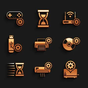 Set Printer setting, Air conditioner, Toaster, CD or DVD disk, Old hourglass Stock Illustration
