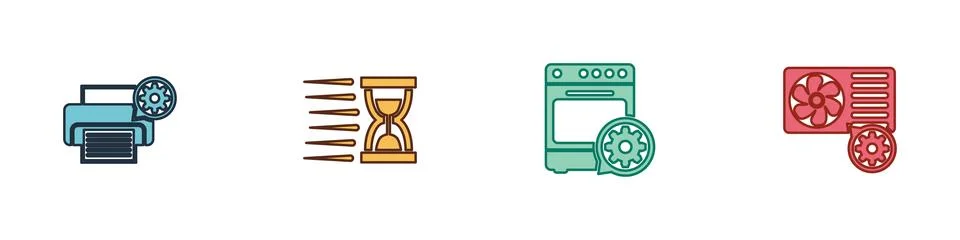 Set Printer setting, Old hourglass with sand, Oven and Air conditioner icon Stock Illustration