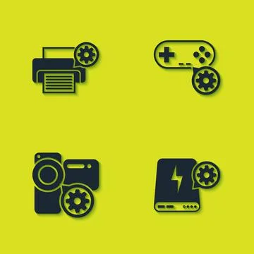 Set Printer setting, Power bank, Video camera and Gamepad icon. Vector Stockillustratie