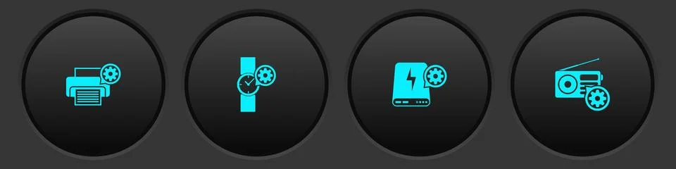 Set Printer setting, Wrist watch, Power bank and Radio icon. Vector Stock Illustration