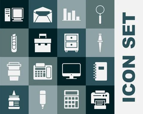 Set Printer, Spiral notebook, Push pin, Pie chart infographic, Briefcase Stock Illustration