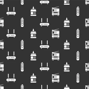 Set Printer, Stationery knife, Router and wi-fi signal and Glue on seamless Stock Illustration