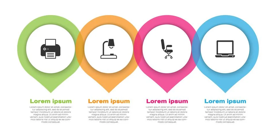 Set Printer, Table lamp, Office chair and Laptop. Business infographic template Stock Illustration