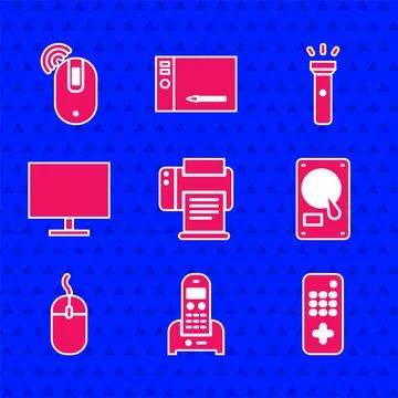 Set Printer, Telephone, Remote control, Hard disk drive HDD, Computer mouse Stock Illustration
