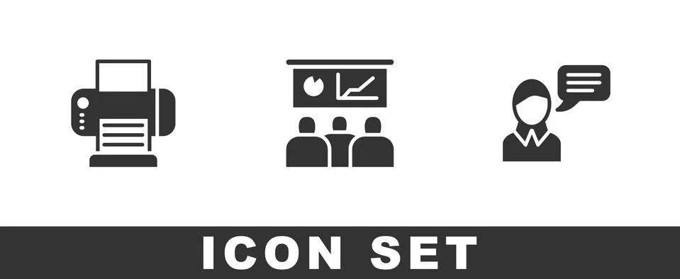 Set Printer, Training, presentation and Speech bubble chat icon. Vector Stock Illustration