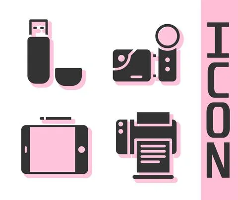 Set Printer, USB flash drive, Graphic tablet and Cinema camera icon. Vector Illustrazione stock