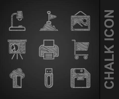Set Printer, USB flash drive, Floppy disk, Shopping cart, Cloud database, Board Stock Illustration