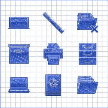 Set Printer, User manual, Document folder, Drawer with documents, Laptop, Carton Stock Illustration