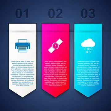 Set Printer, Wrist watch and Cloud with snow and rain. Business infographic Stock Illustration