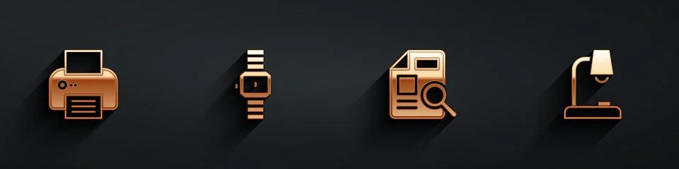 Set Printer, Wrist watch, Document with graph chart and Table lamp icon with Stock Illustration
