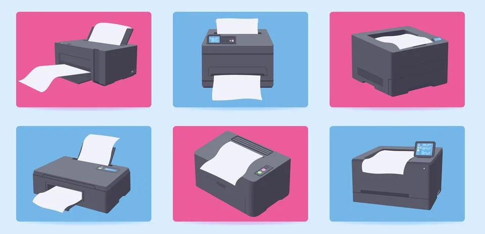 Set of printers in flat style. Printer and copier machine for office work Stock Illustration