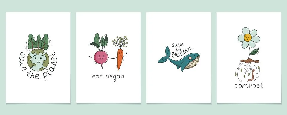 Set of prints of environmental problems. Go green. Illustrazione stock