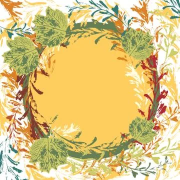 Set of prints of leaves on an orange background. round frame for text Stock Illustration