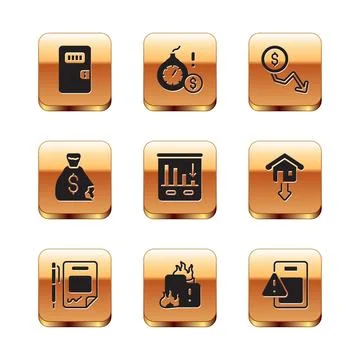Set Prison cell door, Contract money and pen, Fire in burning house, Pie chart Illustrazione stock