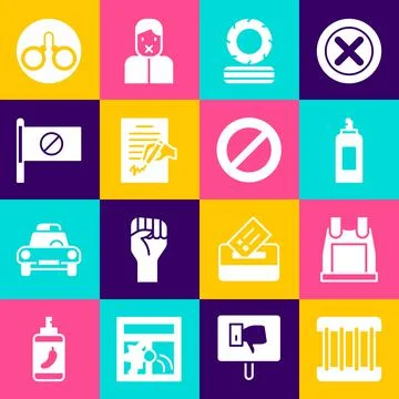 Set Prison window, Bulletproof vest, Paint spray can, Lying burning tires Stock Illustration