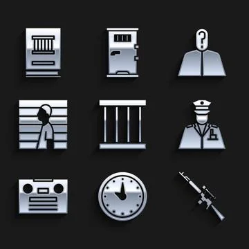 Set Prison window, Clock, Sniper rifle with scope, Police officer, Retro audio 스톡 일러스트