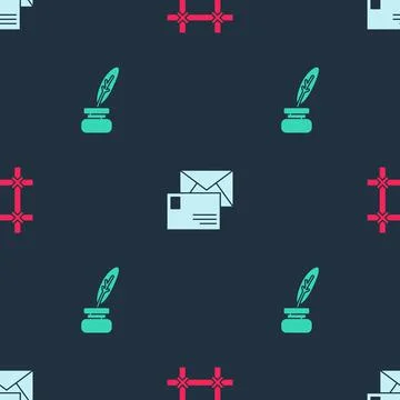 Set Prison window, Envelope and Feather and inkwell on seamless pattern. Vector Illustrazione stock