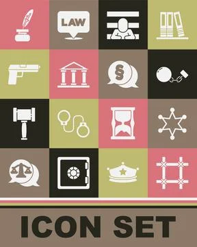 Set Prison window, Hexagram sheriff, Ball chain, Prisoner, Courthouse building Ilustración de archivo