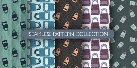 Set of privacy seamless pattern with security details, lock door silhouettes. Illustrazione stock
