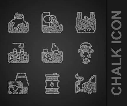 Set Problem pollution of the ocean, Barrel oil, Car exhaust, Face in protec.. Ilustración de archivo