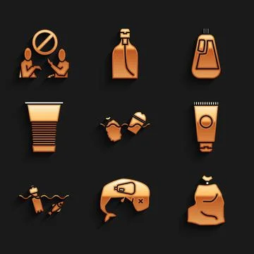 Set Problem pollution of the ocean, Environment protection whale dead, Garbage Stock Illustration