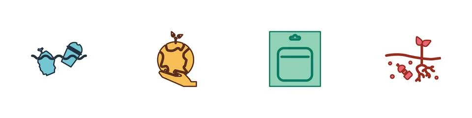 Set Problem pollution of the ocean, Hand holding Earth globe, Battery pack and Stock Illustration