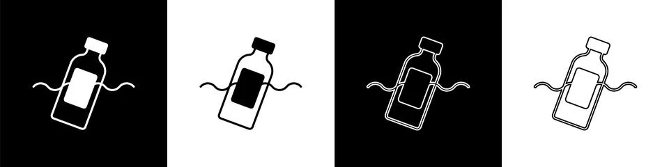 Set The problem of pollution of the ocean icon isolated on black and white Stock Illustration