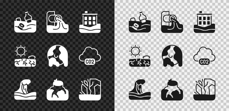 Set Problem pollution of the ocean, Wastewater, House flood, Tsunami, Defor.. Stock-Illustration