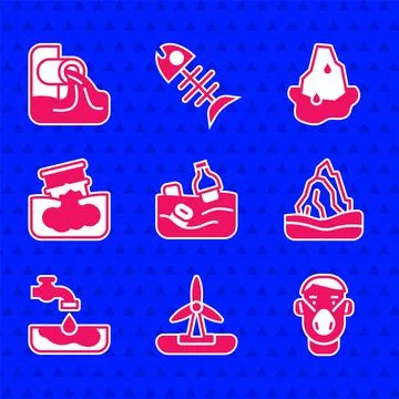 Set Problem pollution of the ocean, Wind turbine, Face protective mask, Iceberg Illustrazione stock