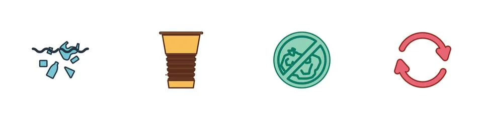 Set Problem of pollution planet, Paper glass, No trash and Refresh icon. Vect Stock Illustration