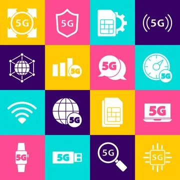 Set Processor 5G, Laptop with network, Digital speed meter, Sim card settin.. Stock Illustration