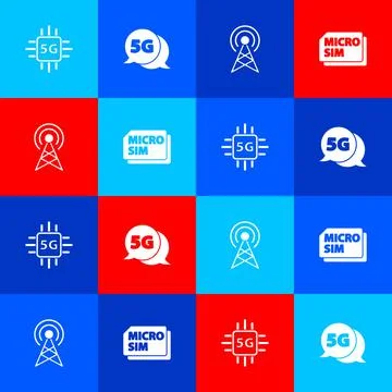 Set Processor 5G, network, Antenna and Micro Sim Card icon. Vector Stock Illustration