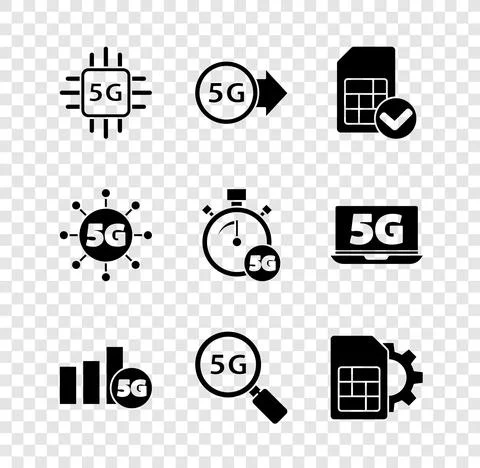 Set Processor 5G, network, Sim card, Search, setting, and Digital speed meter Stock Illustration