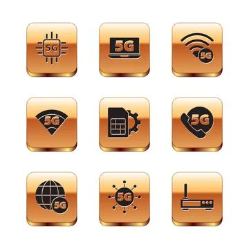 Set Processor 5G, network, Sim card setting, Router and wi-fi signal and Laptop Illustrazione stock