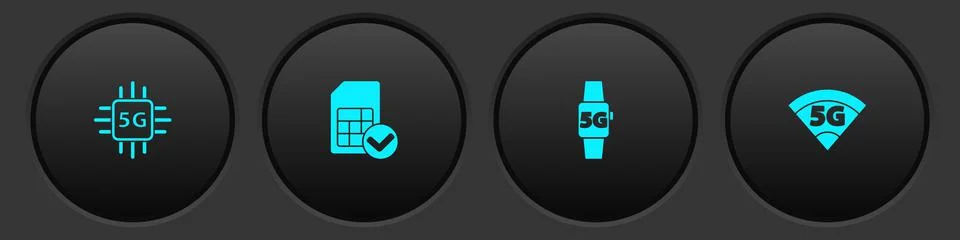 Set Processor 5G, Sim card, Smart watch network and icon. Vector Illustrazione stock