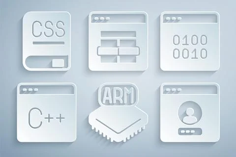 Set Processor, Binary code, Software, Create account screen, MySQL and Books Stock Illustration