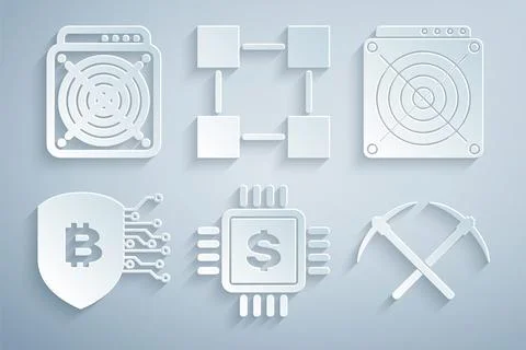 Set Processor chip with dollar, ASIC Miner, Shield bitcoin, Crossed pickaxe.. Stockillustratie