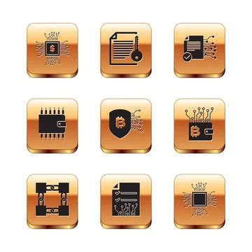 Set Processor chip with dollar, Blockchain technology, Smart contract, Shield Stock Illustration