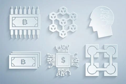 Set Processor chip with dollar, Brain as digital circuit board, Cryptocurrency イラスト素材