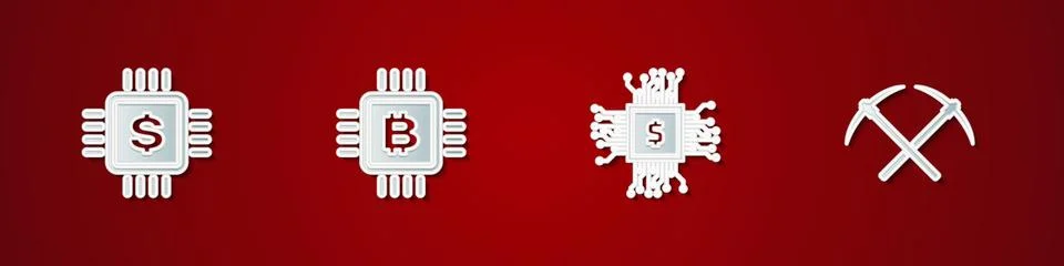 Set Processor chip with dollar, CPU mining farm, and Crossed pickaxe icon Illustrazione stock