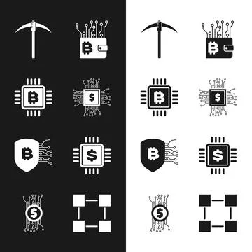 Set Processor chip with dollar, CPU mining farm, Pickaxe, Cryptocurrency wallet Illustrazione stock