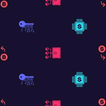 Set Processor chip with dollar, Cryptocurrency key, Proof of stake and exchange Stock Illustration