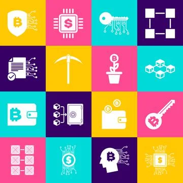 Set Processor chip with dollar, Cryptocurrency key, Blockchain technology Stockillustratie