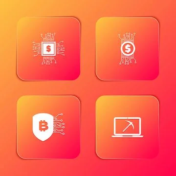 Set Processor chip with dollar, Cryptocurrency bitcoin in circuit, Shield and 스톡 일러스트